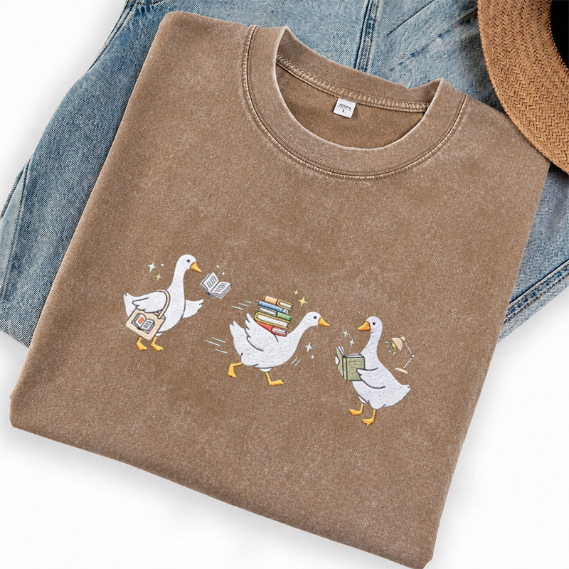 Embroidered Goose Reading Books Washed Crew Neck T-Shirt