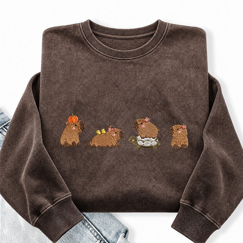 Embroidered Cute Capybara Washed Crewneck Sweatshirt