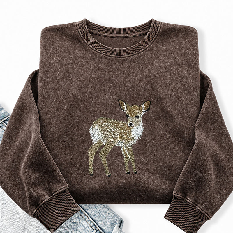 Embroidered Forest Deer Washed Crewneck Sweatshirt