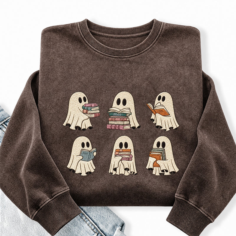 Embroidered Halloween Ghost Book Washed Crewneck Sweatshirt