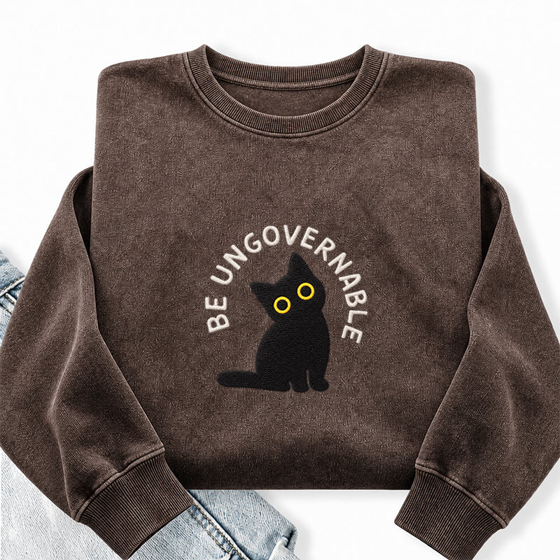 Embroidered Be Ungovernable Black Cat Washed Crewneck Sweatshirt