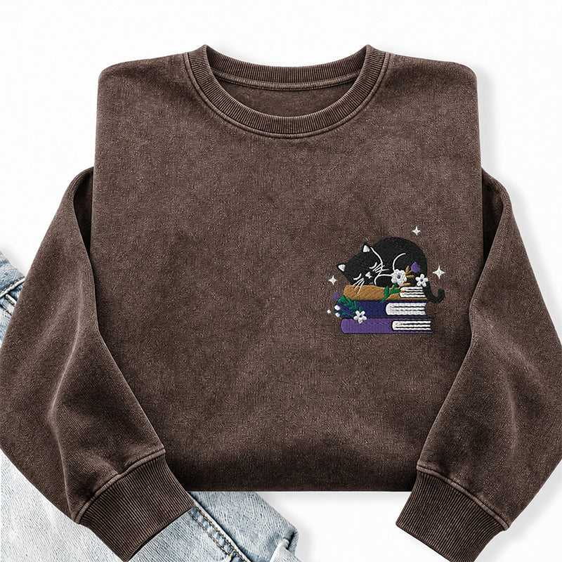 Embroidered Cat Book Washed Crewneck Sweatshirt