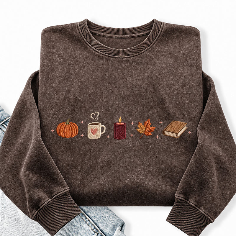 Embroidered Autumn Icons Washed Crewneck Sweatshirt