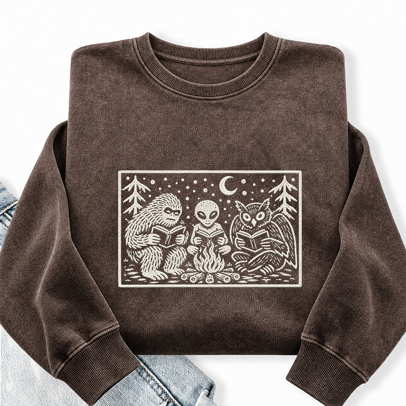 Embroidered Cryptid Book Club Washed Crewneck Sweatshirt