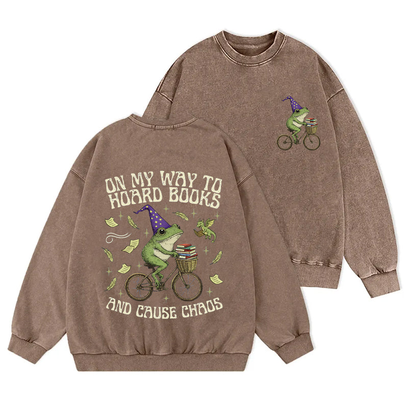 Off To Hoard Books Bookish Frog Washed Crewneck Sweatshirt