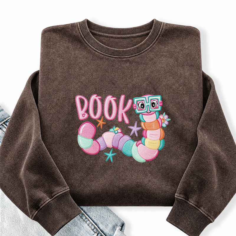 Embroidered Reading Book Worm Washed Crewneck Sweatshirt