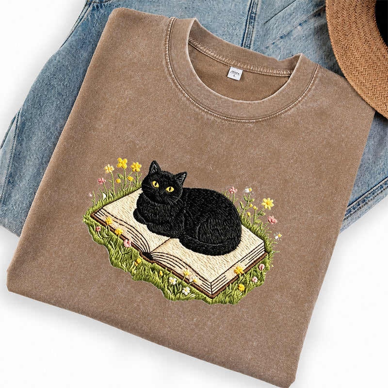 Embroidered Black Cat Book Washed Crew Neck T-Shirt