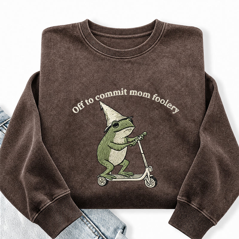 Embroidered Off To Commit Mom Foolery Washed Crewneck Sweatshirt