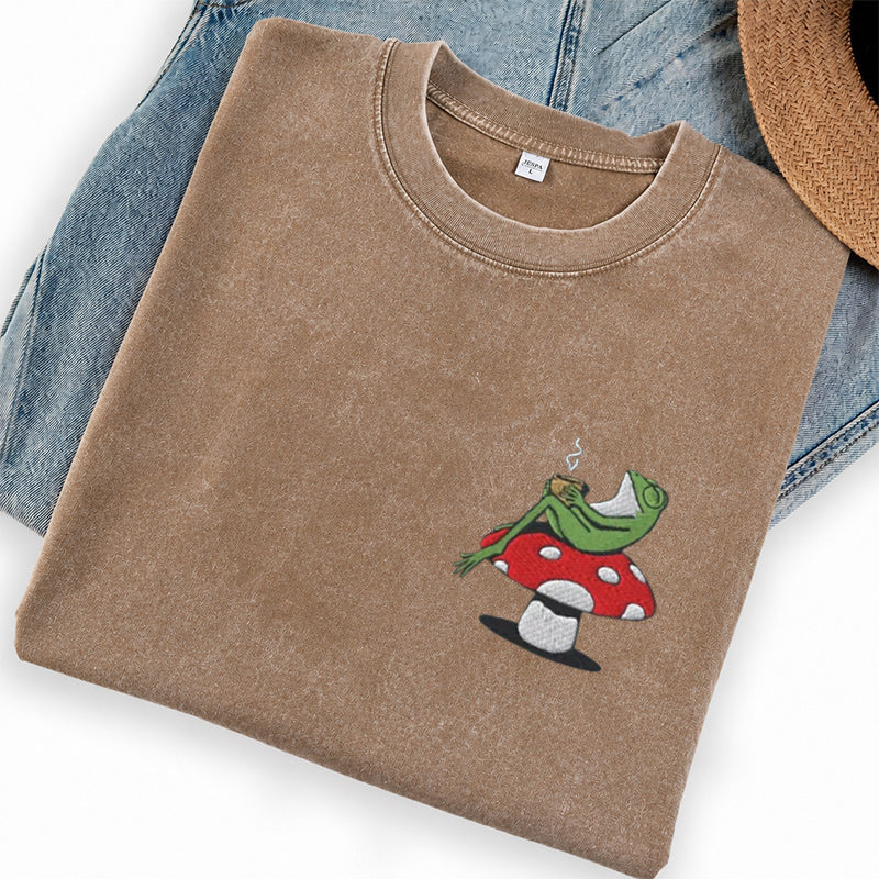 Embroidered Frog Coffee Time Washed Crew Neck T-Shirt