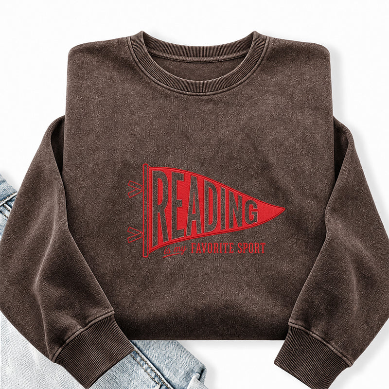 Embroidered Reading Is My Favorite Sport Washed Crewneck Sweatshirt