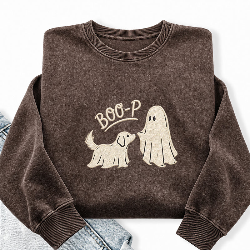 Embroidered Boo-P Ghost Dog Washed Crewneck Sweatshirt