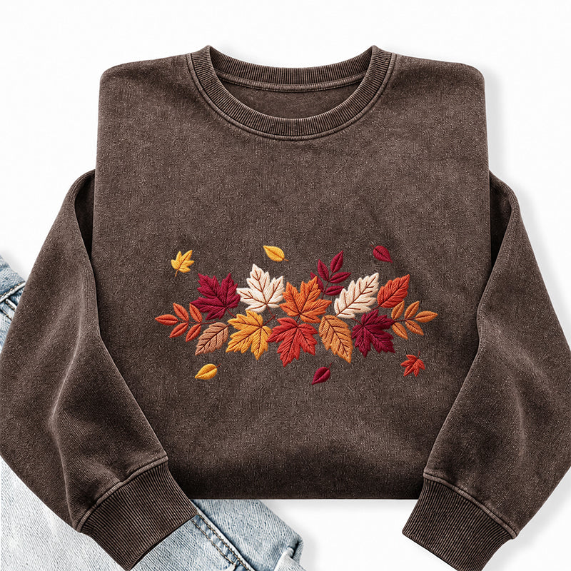 Embroidered Cozy Autumn Leaves Washed Crewneck Sweatshirt