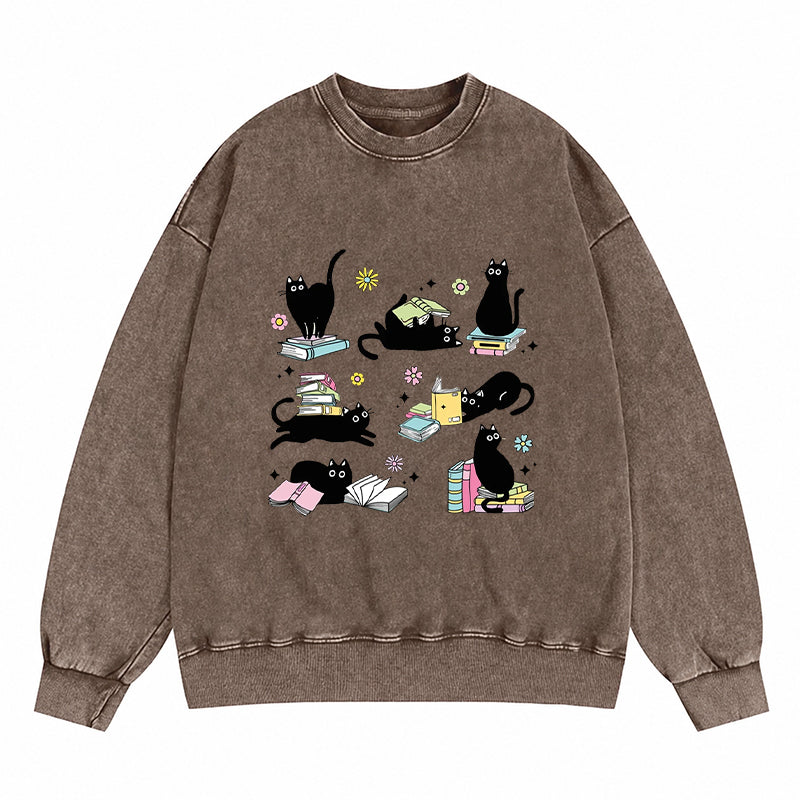 Book And Black Cats Washed Crewneck Sweatshirt