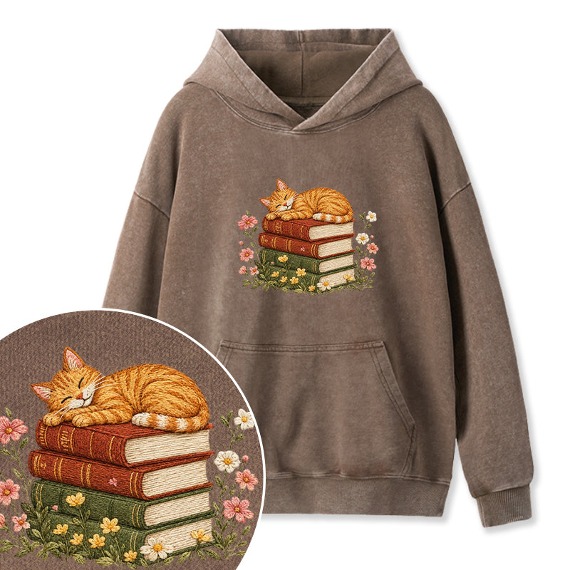 Embroidered Cat Sleeping On Books Washed Hoodie