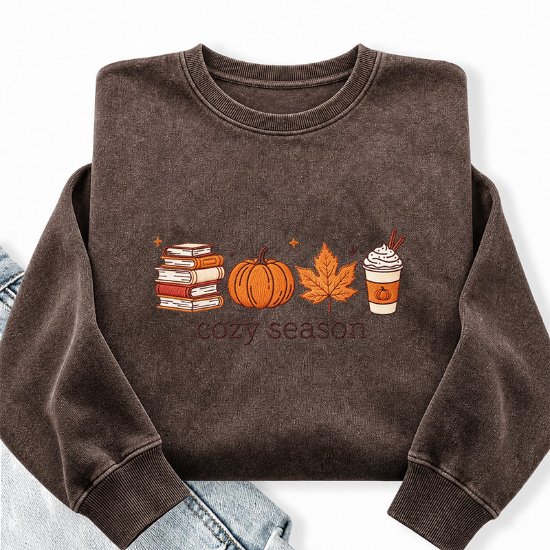 Embroidered Cozy Seasons Book Lover Washed Crewneck Sweatshirt