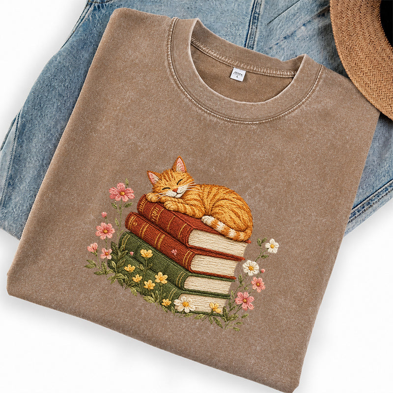 Embroidered Sleeping Cat On Books Washed Crew Neck T-Shirt