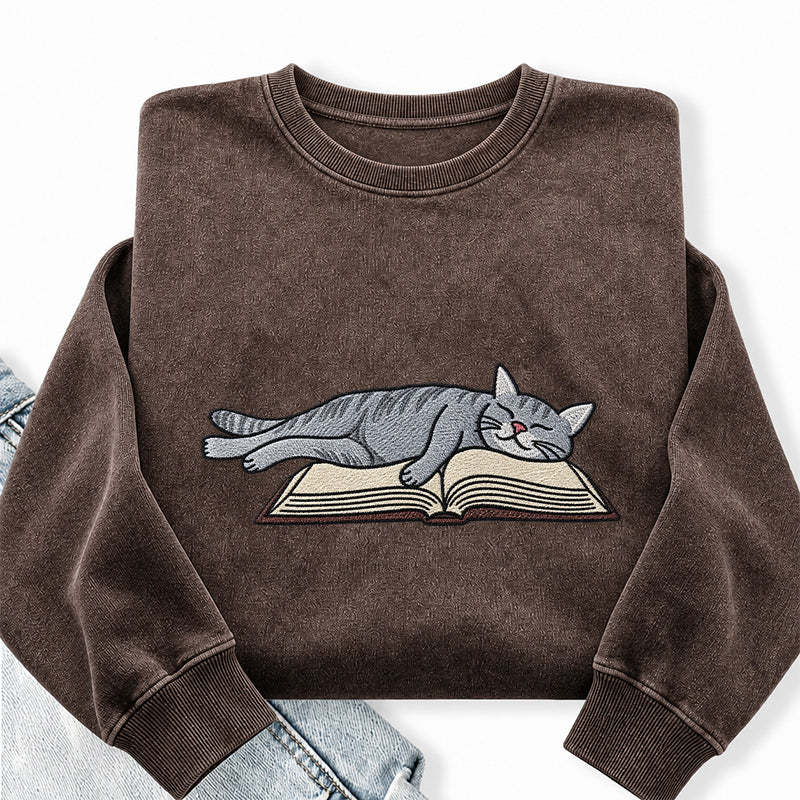 Embroidered Cat Sleeping On Book Washed Crewneck Sweatshirt