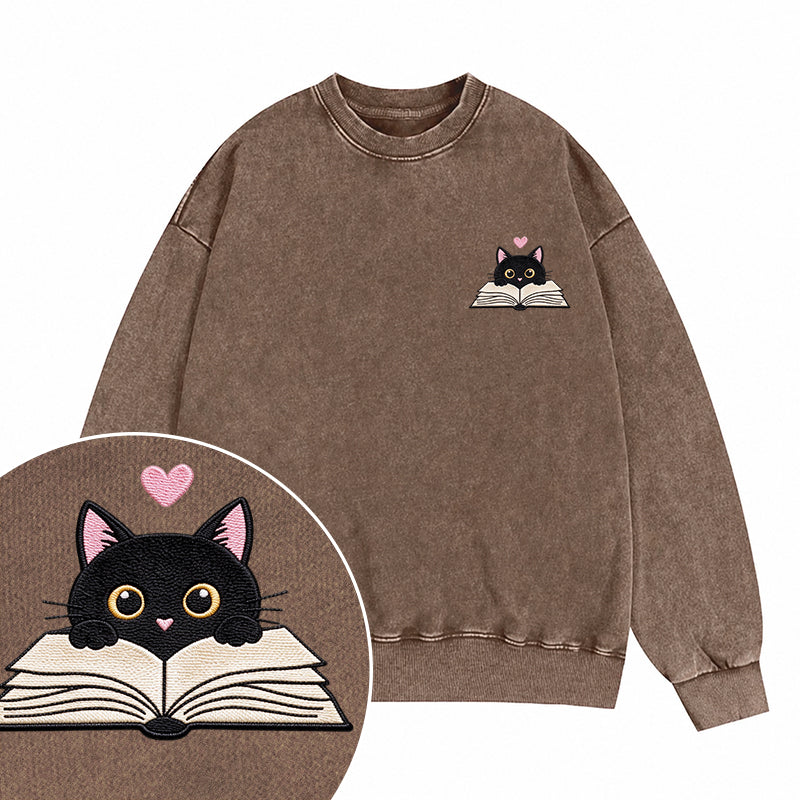 Embroidered Reading Black Cat Washed Crewneck Sweatshirt