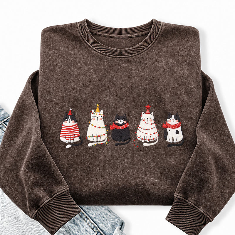 Embroidered Cute Cat Christmas Washed Crewneck Sweatshirt