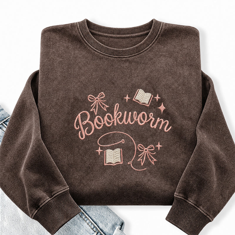 Embroidered Funny Bookworm Washed Crewneck Sweatshirt