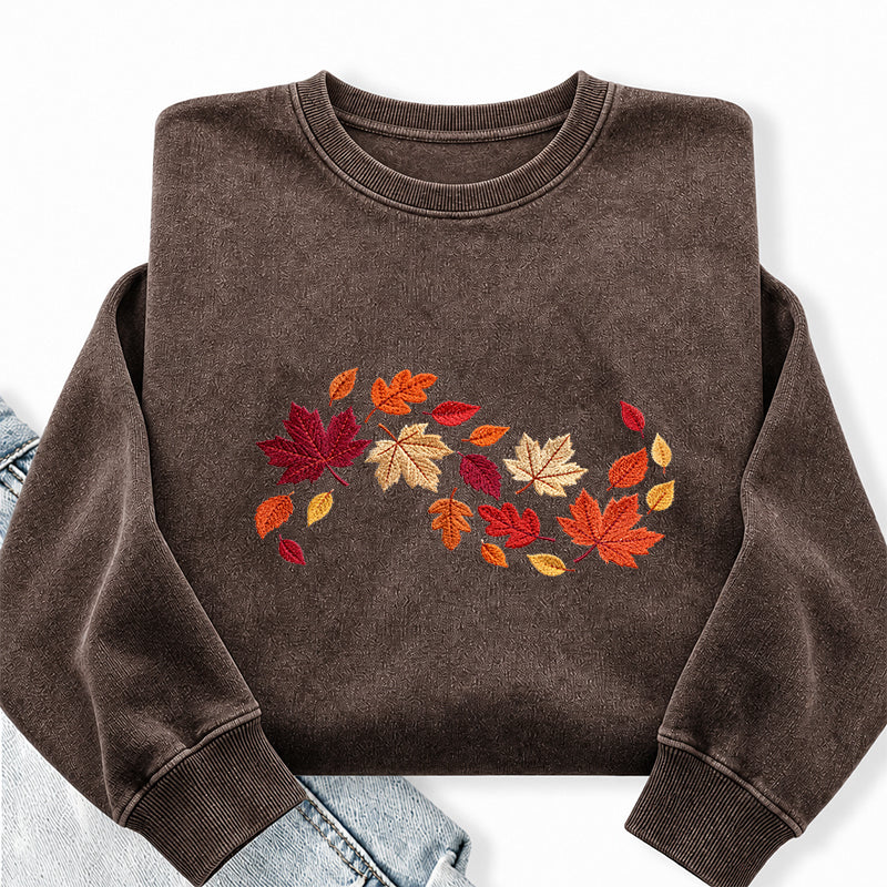 Embroidered Autumn Leaves Washed Crewneck Sweatshirt