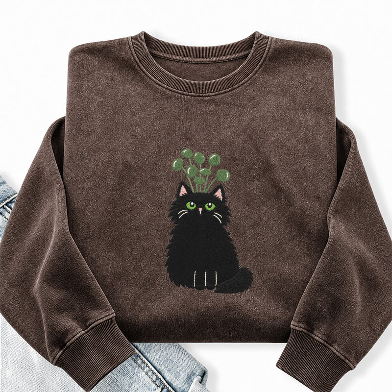 Embroidered Plant Black Cat Washed Crewneck Sweatshirt