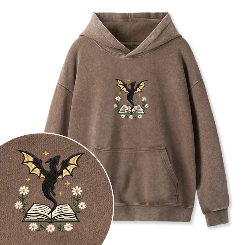 Embroidered Dragon Floral Book Washed Hoodie