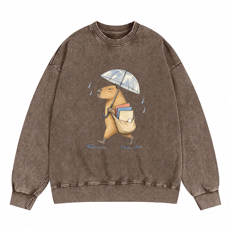 Capybara Rainy Day Book Washed Crewneck Sweatshirt
