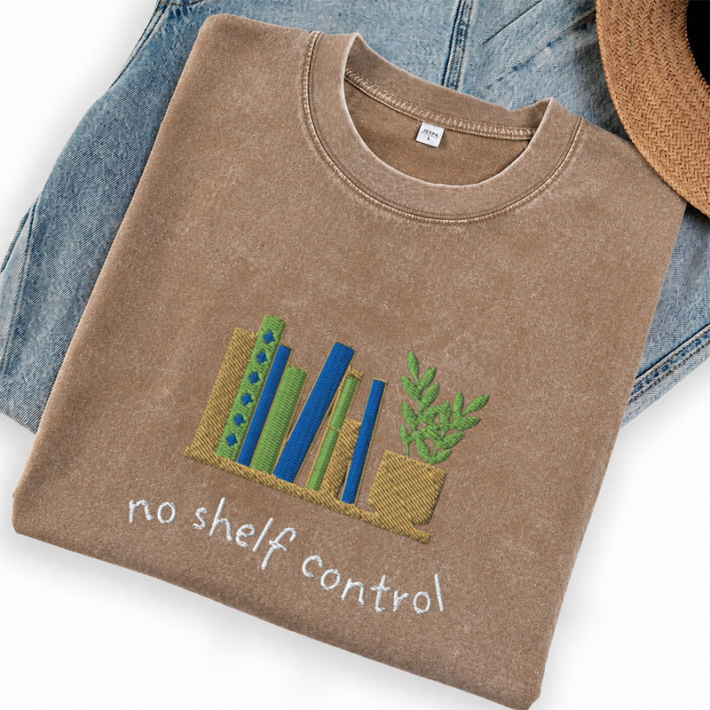 Embroidered No Shelf Control Book Washed Crew Neck T-Shirt