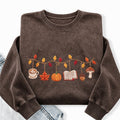 Embroidered Coffee Books Pumpkin Mushroom Washed Crewneck Sweatshirt