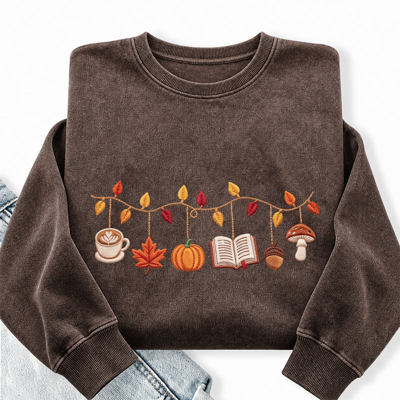 Embroidered Coffee Books Pumpkin Mushroom Washed Crewneck Sweatshirt