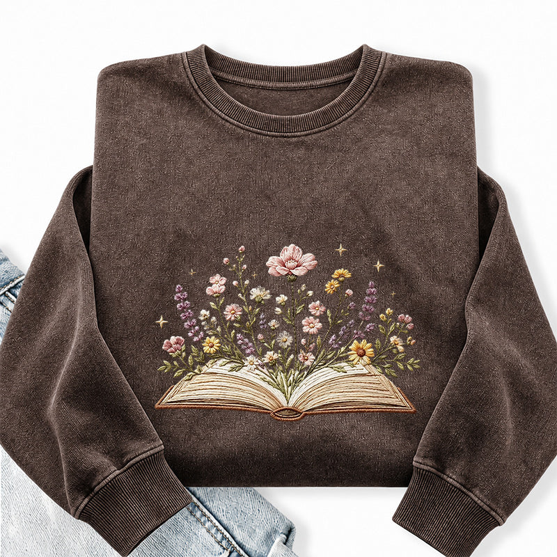 Embroidered Floral Book Washed Crewneck Sweatshirt