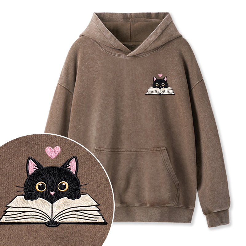 Embroidered Reading Black Cat Washed Hoodie