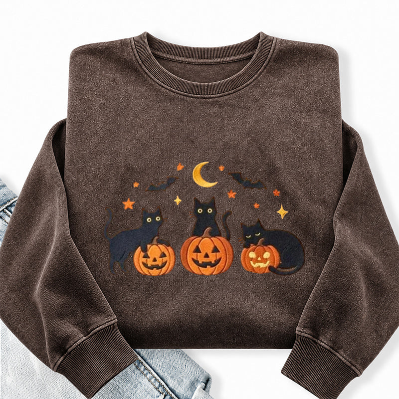 Embroidered Black Cat Pumpkins Washed Crewneck Sweatshirt
