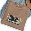 Embroidered Floral Dragon Book Washed Crew Neck T-Shirt