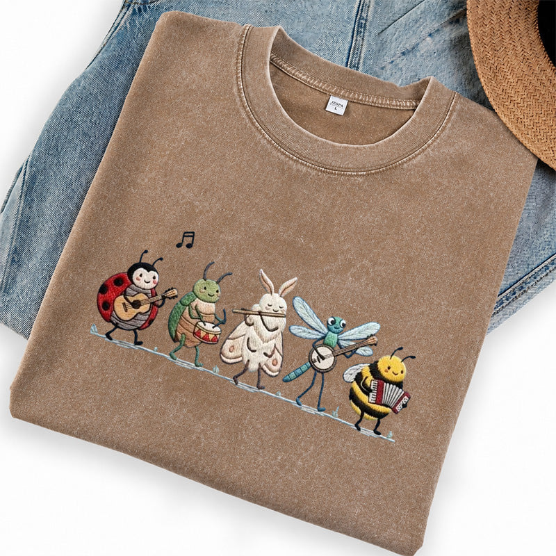 Embroidered Bug Orchestra Washed Crew Neck T-Shirt