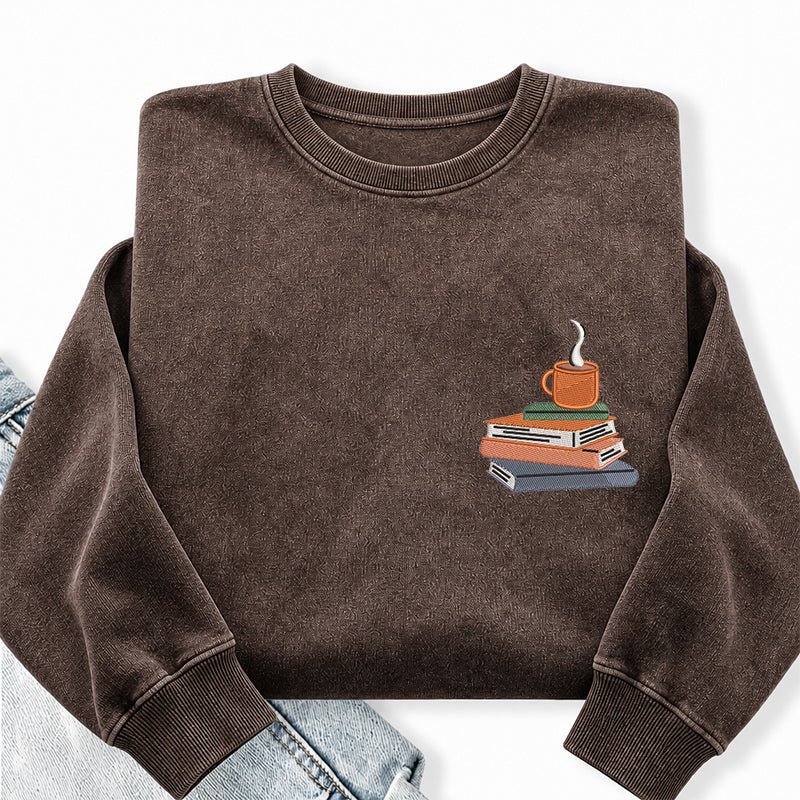 Embroidered Book And Coffee Washed Crewneck Sweatshirt
