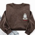 Embroidered Snow Owl On Bookstack Washed Crewneck Sweatshirt