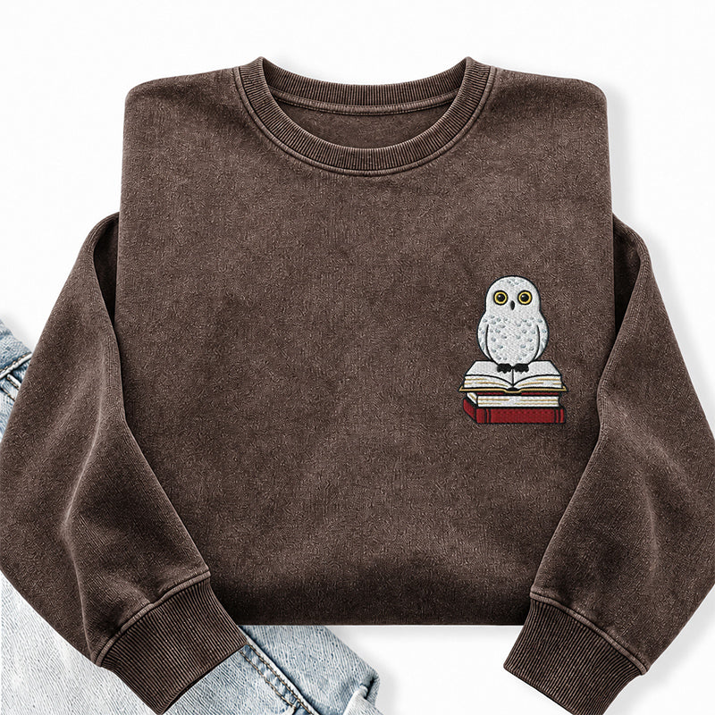 Embroidered Snow Owl On Bookstack Washed Crewneck Sweatshirt