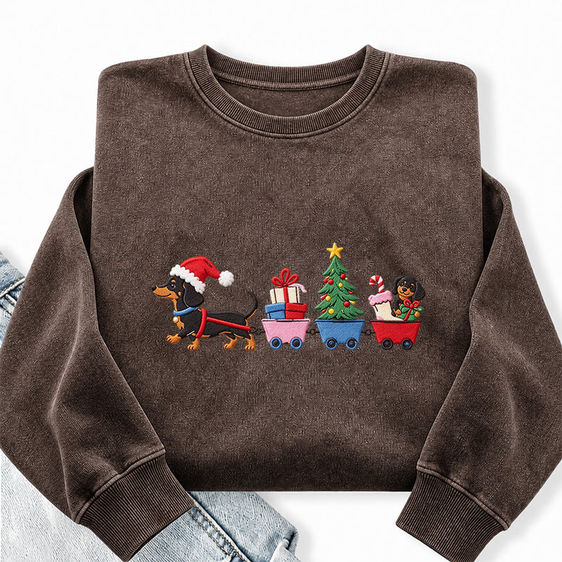 Embroidered Christmas Dachshund Washed Crewneck Sweatshirt