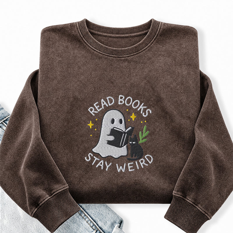Embroidered Read Books Stay Weird Ghost Washed Crewneck Sweatshirt