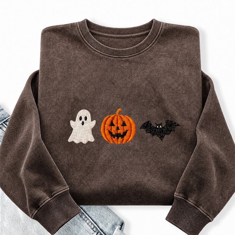 Embroidered Holloween Ghost Pumpkin Bat Washed Crewneck Sweatshirt