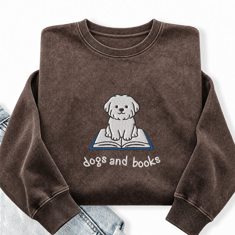 Embroidered Dogs And Books Washed Crewneck Sweatshirt