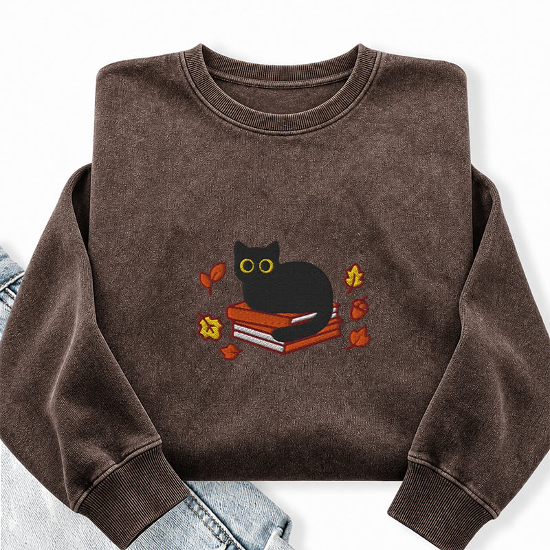 Embroidered Autumn Black Cat Book Washed Crewneck Sweatshirt