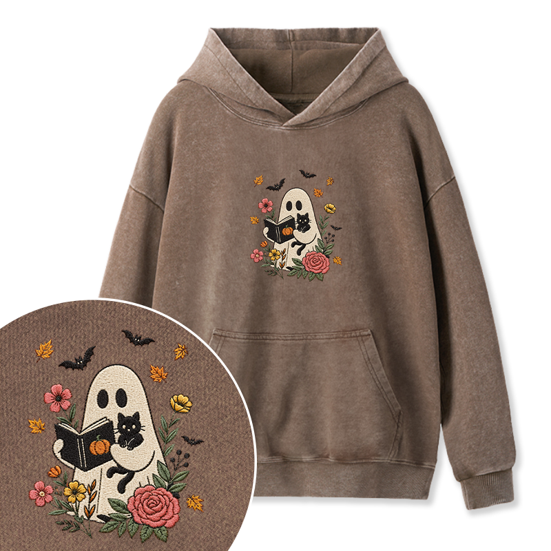 Embroidered Floral Ghost Reading Washed Hoodie
