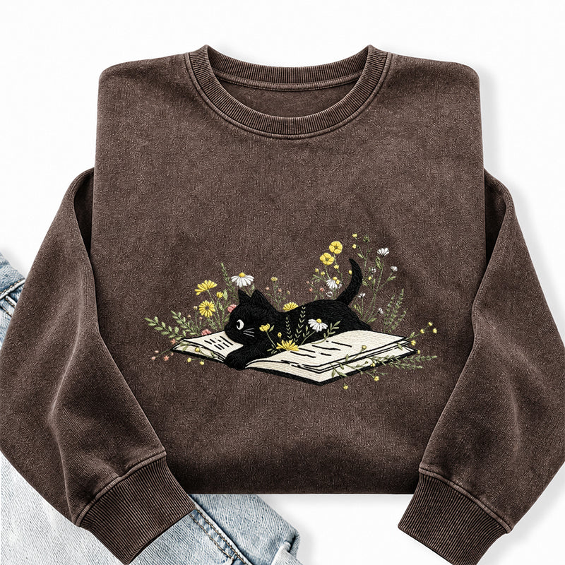 Embroidered Floral Book Cat Washed Crewneck Sweatshirt
