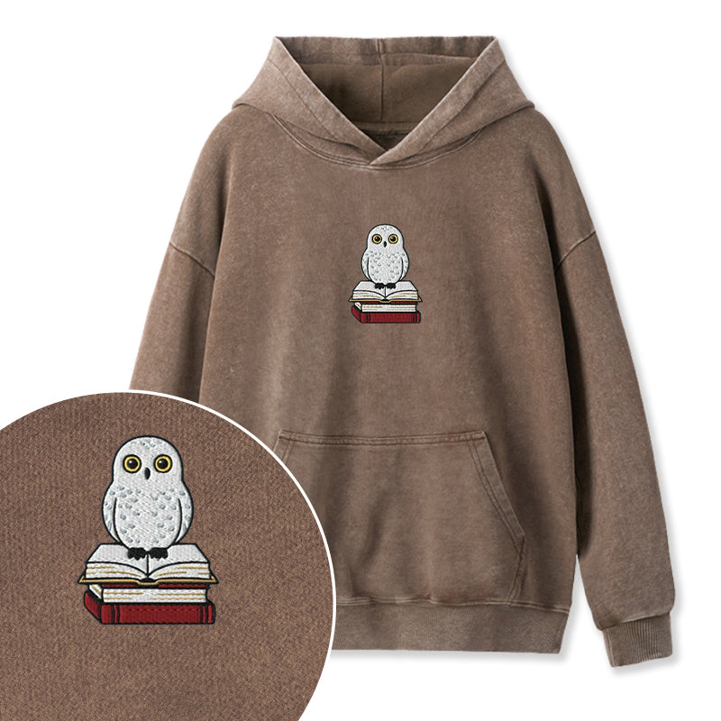 Embroidered Snow Owl On Bookstack Washed Hoodie