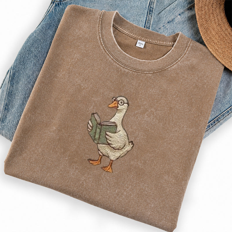 Embroidered Reading Goose Washed Crew Neck T-Shirt
