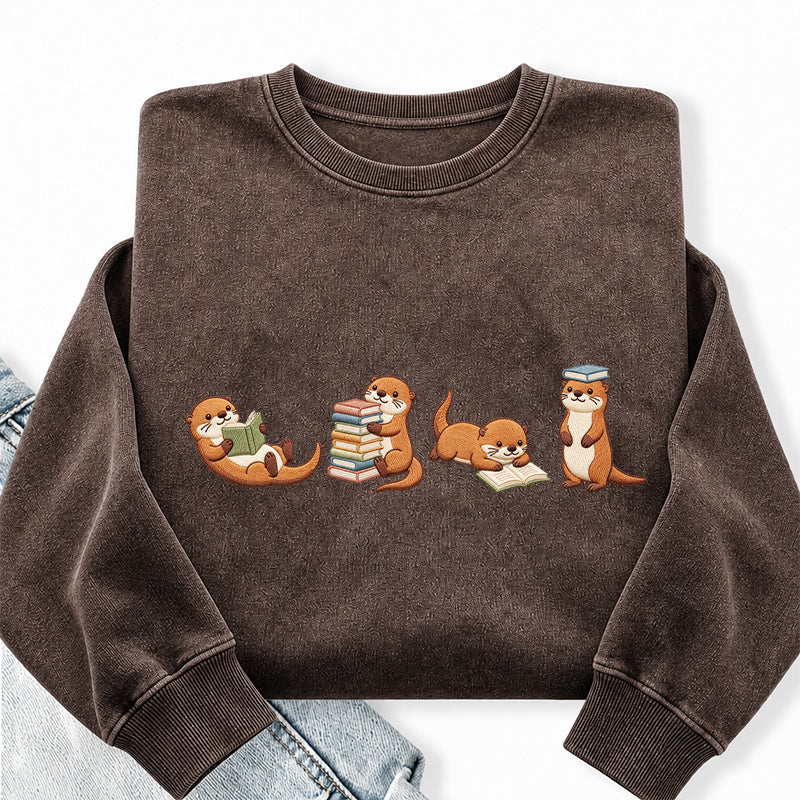 Embroidered Otter Reading Book Washed Crewneck Sweatshirt