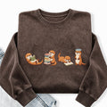 Embroidered Otter Reading Book Washed Crewneck Sweatshirt